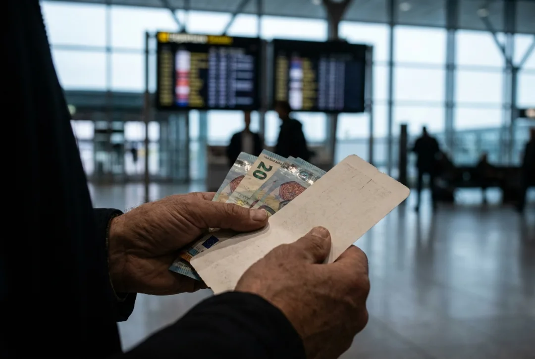 Mãos segurando euros e cartão de embarque no aeroporto