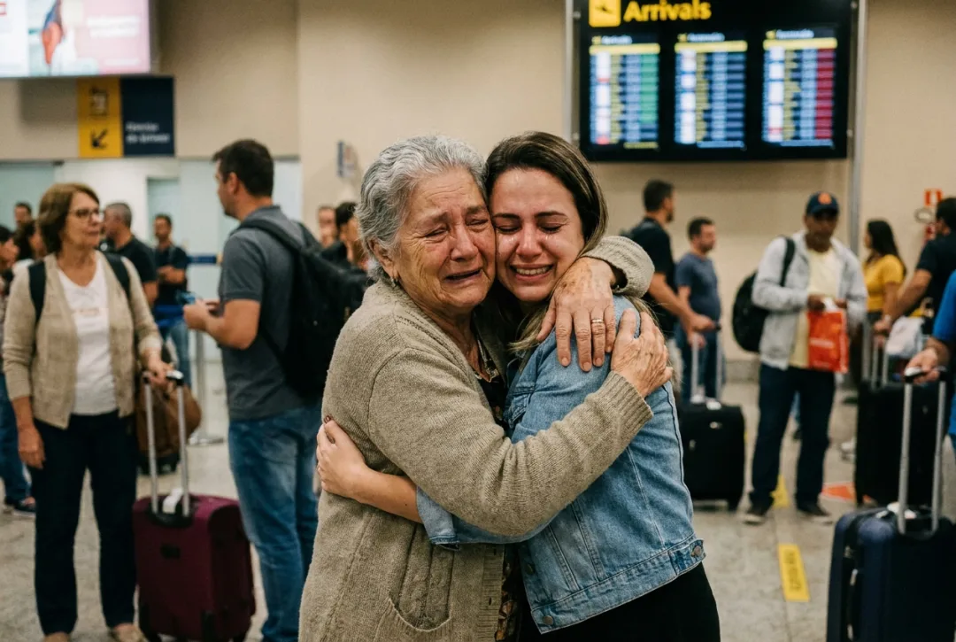 Mãe idosa abraçando a filha no aeroporto